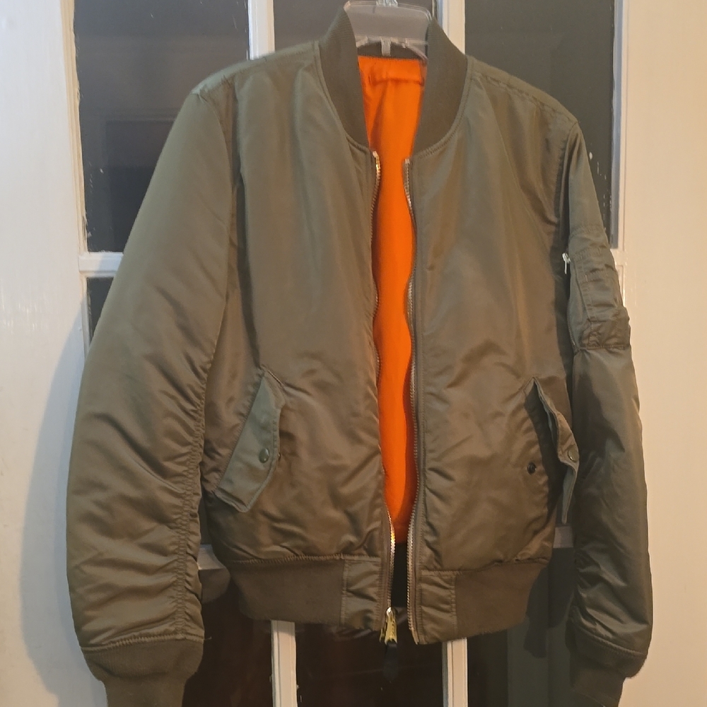 Topshop Reversible Khaki Bomber Jacket with Orange Lining